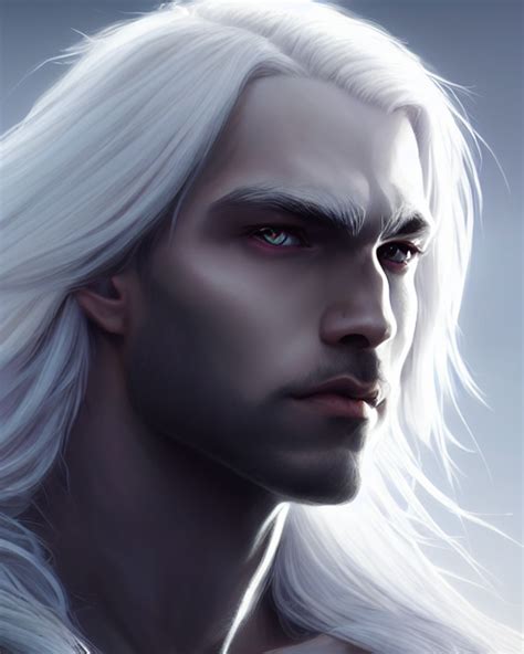 Krea Portrait Beautiful Male Drow Long Wavy White Hair Super