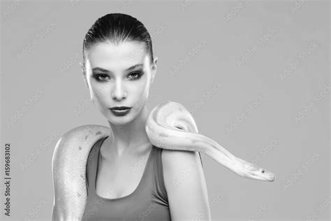 Beautiful Brunette Woman With A Python Black And White Image Stock Photo Adobe Stock