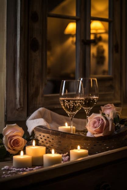 Premium Photo Bubble Bath With Candles And Wine