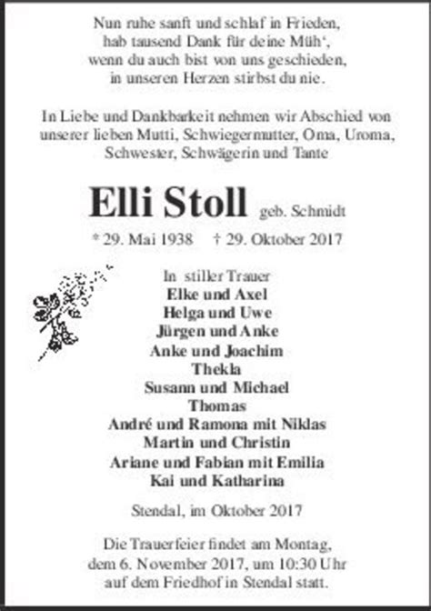 Traueranzeigen Von Elli Stoll Geb Schmidt Abschied Nehmen De