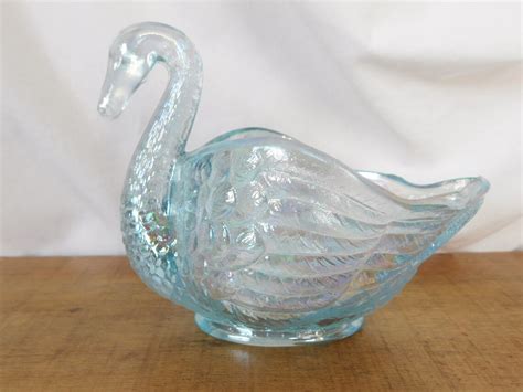 Vintage Glass Swan Light Blue Iridescent Carnival Glass Etsy