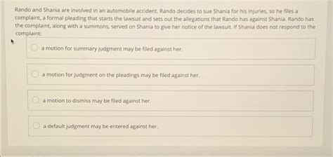 Solved Rando And Shania Are Involved In An Automobile Chegg