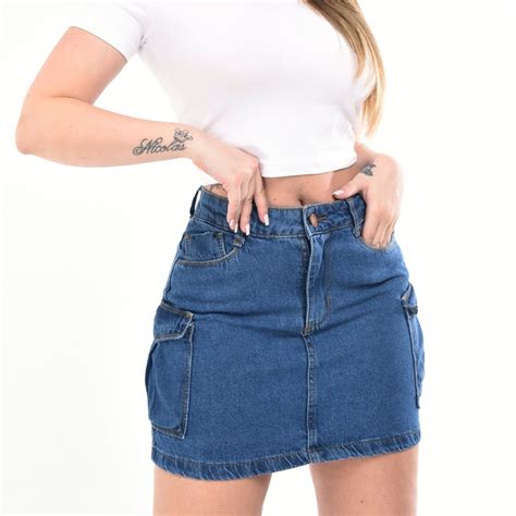 Saia Jeans Cargo Feminina Cintura Alta Premium Bolso Lateral Shopee