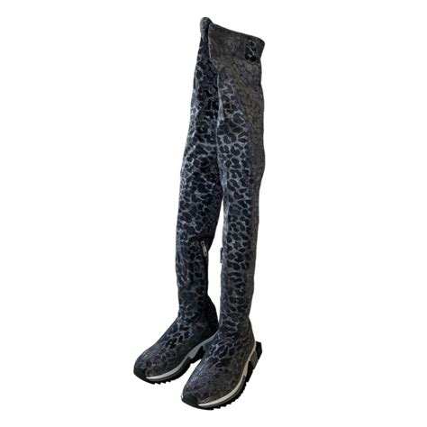 ドルチェガッバーナ DOLCE GABBANA Gray Leopard Over the Knee Sneakers Boots