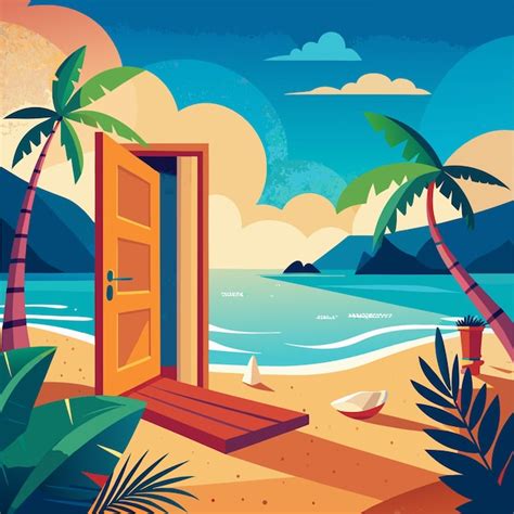 Una Pintura De Una Playa Con Palmeras Y Una Escena De Playa Vector