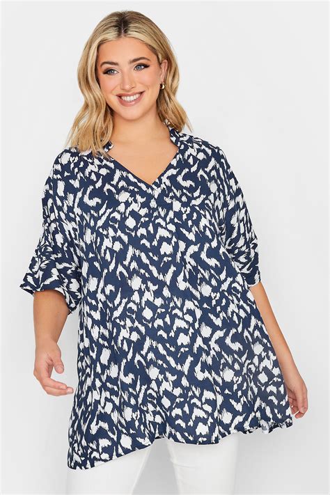 Yours Curve Plus Size Dark Blue Aztec Print Pleat Front Top Yours