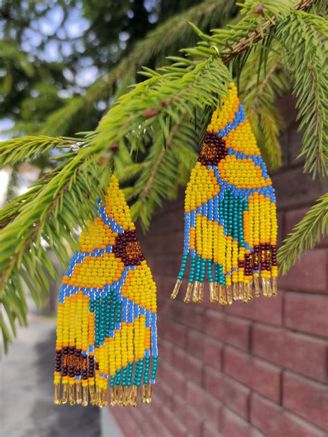 Sunflower Seed Bead Earrings Yellow Flower Beaded Fringe Etsy