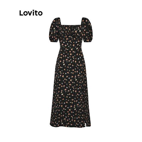 Lovito Vestido Feminino Rom Ntico Floral Dividido Na Coxa De Linha A