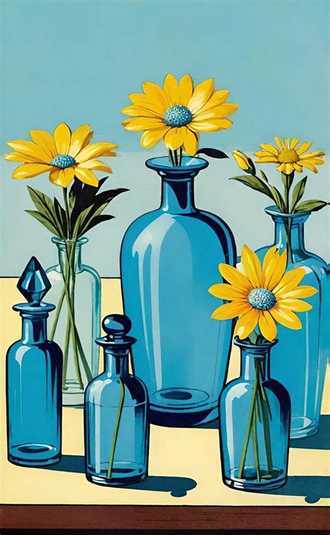 Blue Glass Bottles Yellow Flowers Free Stock Photo Public Domain Pictures