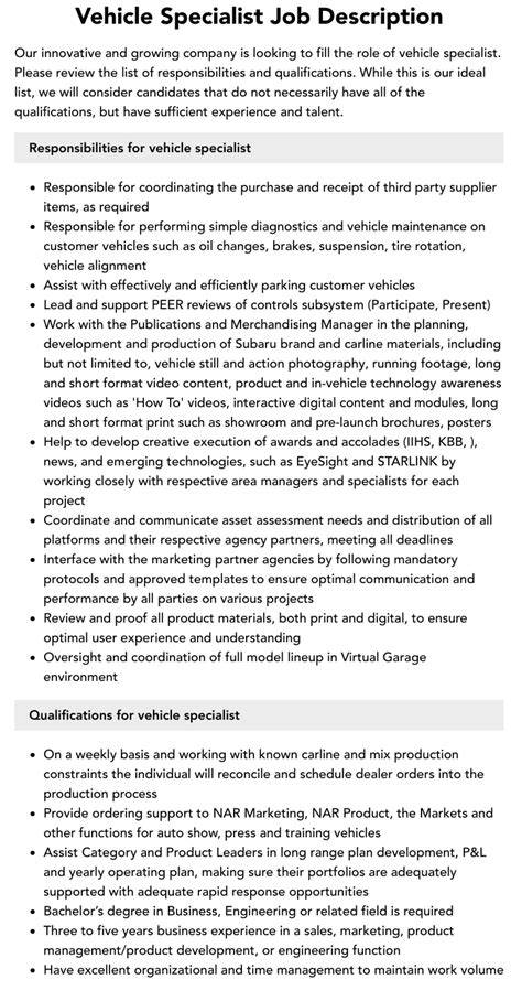 Vehicle Specialist Job Description Velvet Jobs