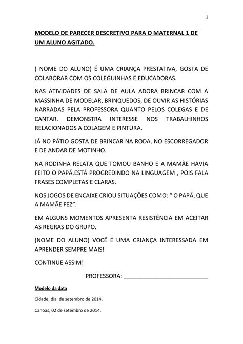 Parecer Descritivo Educação Infantil 2 Anos Librain