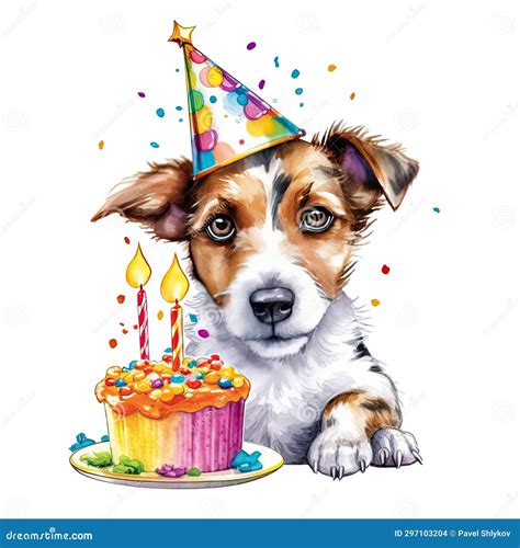 Funny Dog with Birthday Cake and Hat. Stock Illustration - Illustration ...