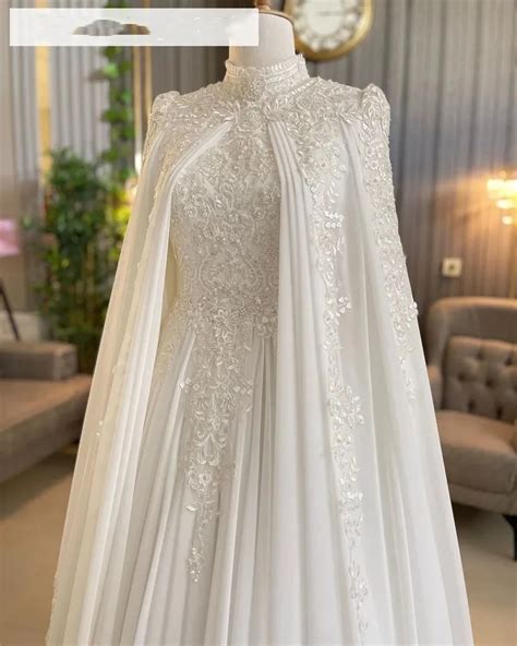 Gorgeous Chiffon High Neck Muslim Wedding Dresses With Cape Lace