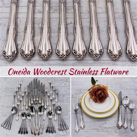 Oneida Deluxe Stainless Flatware Set Woodcrest Floral Handle Etsy