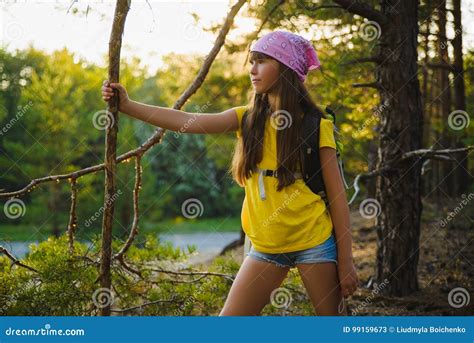 Girl Traveler With Backpack In Hill Forest Adventure Travel Tourism