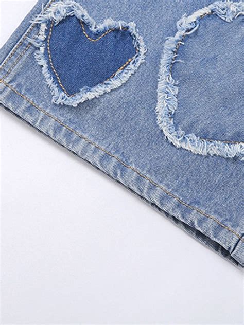 Emmiol Kostenloser Versand 2023 Herz Patch Y2K Boyfriend Jeans Blau M