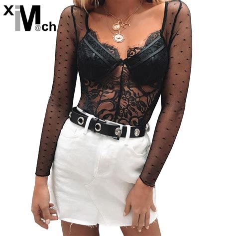 Ximandm Ch Women New Sexy Mesh Lace Bodysuits V Neck Long Sleeve Buckle