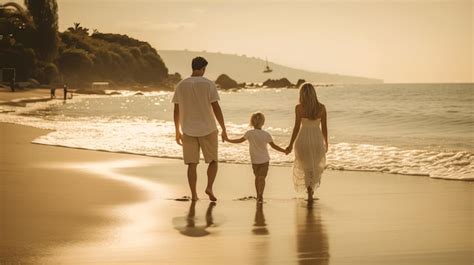 Una Familia Camina Por La Playa Al Atardecer Foto Premium