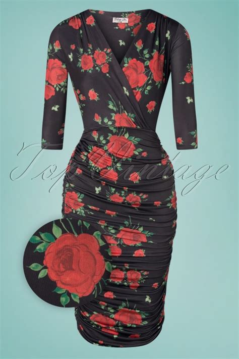 Vintage Chic For Topvintage 50s Emma Red Rose Pencil Dress In Black