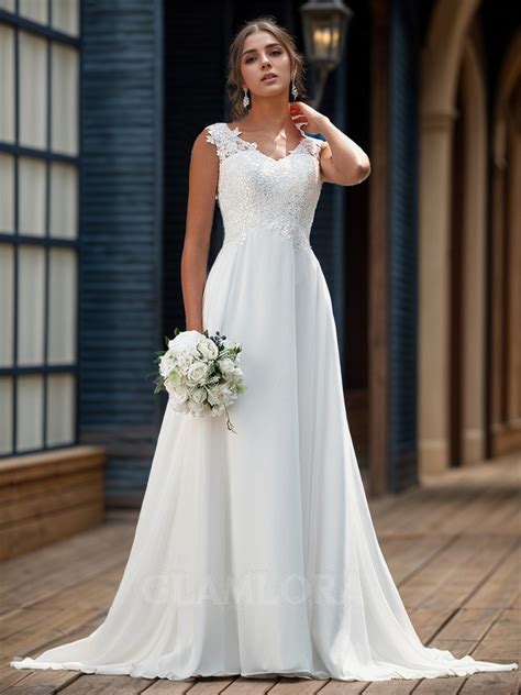 A Line Stunning V Neck Sweep Train Chiffon Wedding Dress With Appliques Lace Glamlora