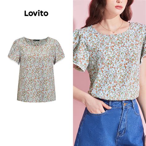 Lovito Boho Ditsy Floral Fabric Stitching Flowers Blouse For Women