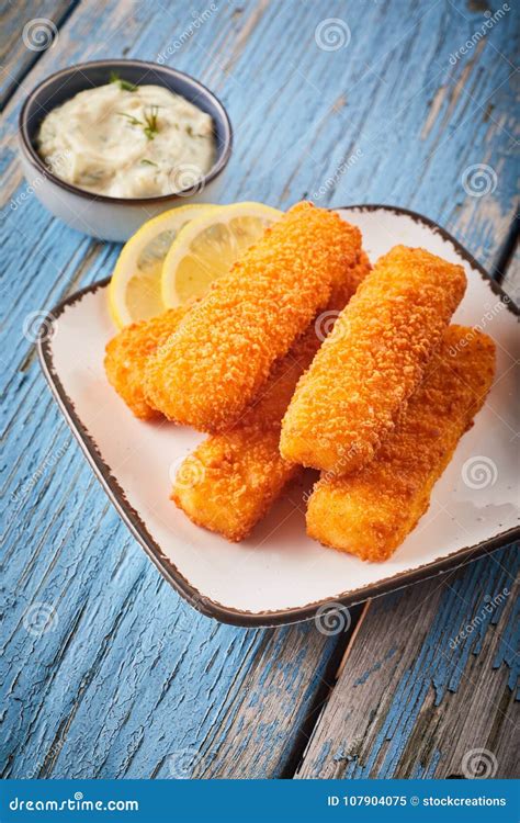 Crispy Breaded Fish Fingers With Tartare Sauce Stock Image Image Of