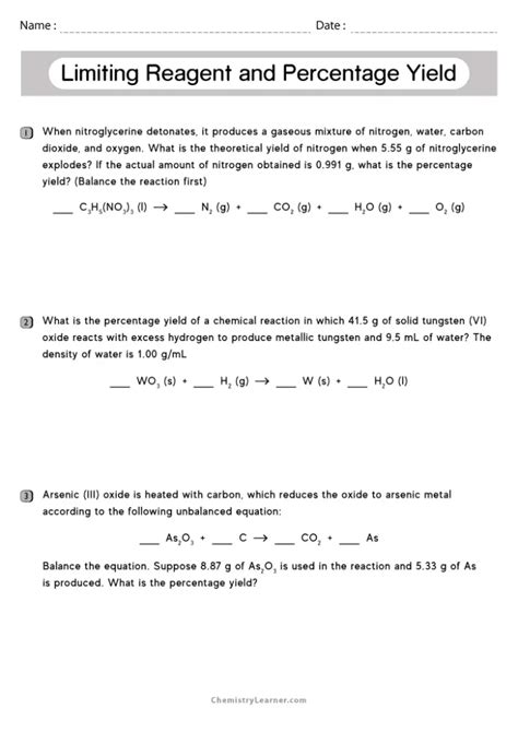 Limiting Reagent And Percent Yield Worksheets