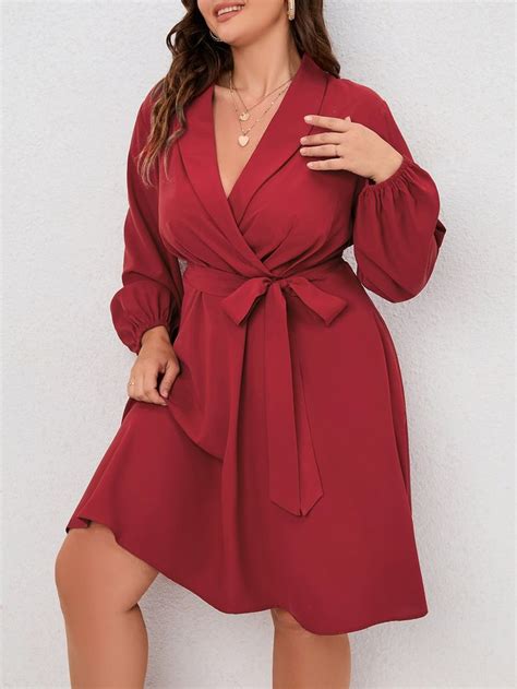 Vestidos Plus Size Dress Plus Size Lantern Sleeves Belted Dress