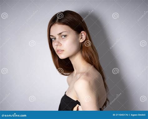 Pretty Woman Naked Shoulders Model Luxury Glamor Portrait Stock Photo