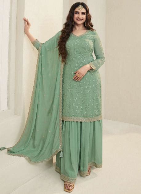 Buy Party Wear Pista Green Embroidery Work Organza Silk Sharara Suit