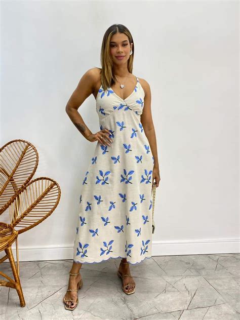 Vestido Midi Sem Bojo Viscolinho Bordado Fernanda Ramos Store