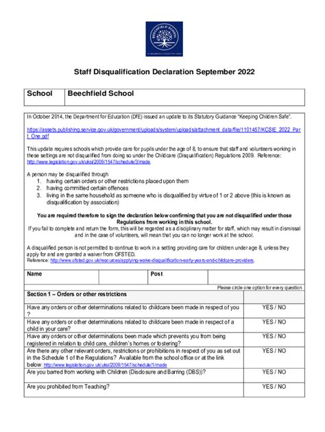 Fillable Online Staff Disqualification Declaration Form Teach In