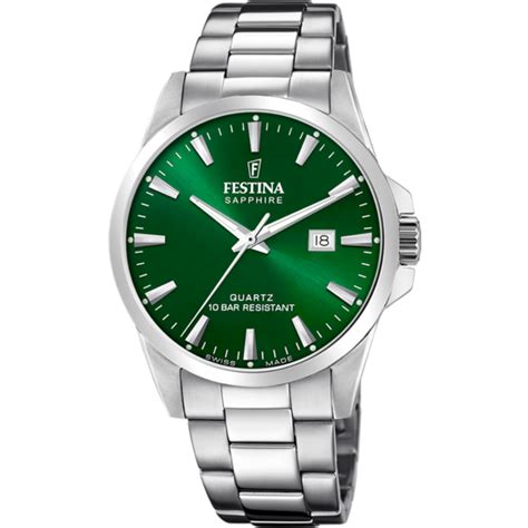 Reloj Festina Swiss F Verde Correa De Acero Inoxidable L Hombre