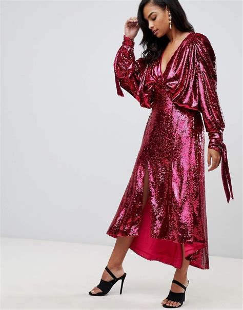 Asos Edition Sequin Batwing Midi Dress With Bow Detail Jurken Wrap