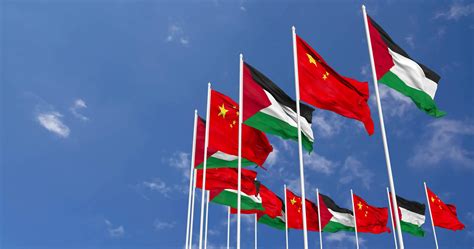 China And Palestine Flags Waving Together In The Sky Seamless Loop In