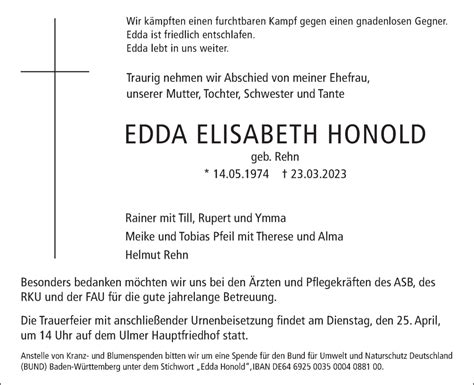 Traueranzeigen Von Edda Elisabeth Honold S Dwest Presse Trauer