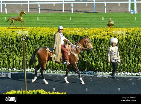 TURKMENISTAN, ASHGABAT - APRIL 24,2019: Day of Turkmen racehorse. President Gurbanguly ...