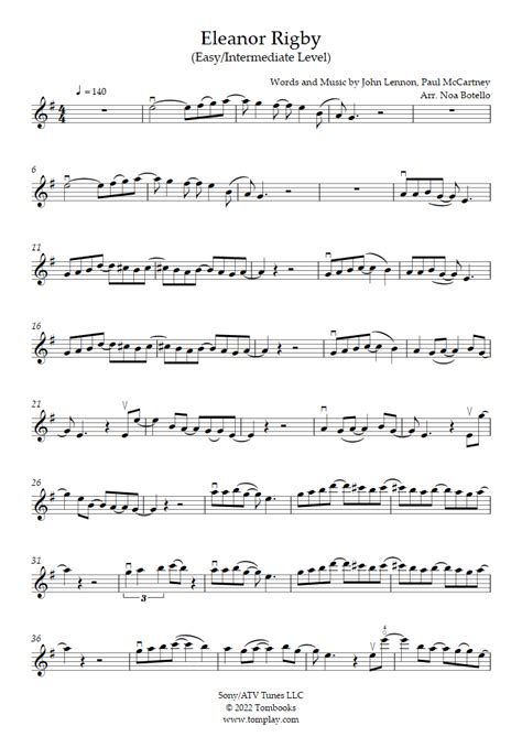 Eleanor Rigby Easyintermediate Level The Beatles Violin Sheet Music