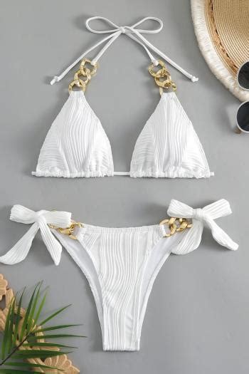Wholesale Sexy Textured Padded Halter Neck Triangle Self Tie Bikini Set