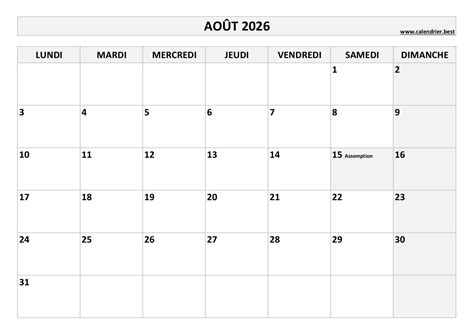 Calendrier Août 2026 à consulter ou imprimer Calendrier best