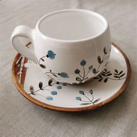 Taza De Cer Mica Platillo Cuchara Con Unas Flores Azules Etsy