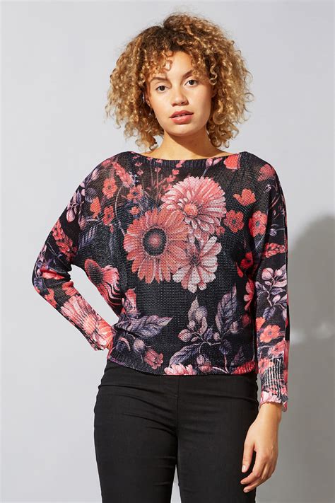 Floral Print Slash Neck Jumper In Fuchsia Roman Originals Uk