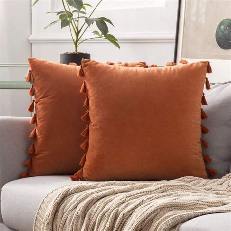 Miulee Orange Throw Pillow Cover With Tassels Fringe Velvet Soft Boho