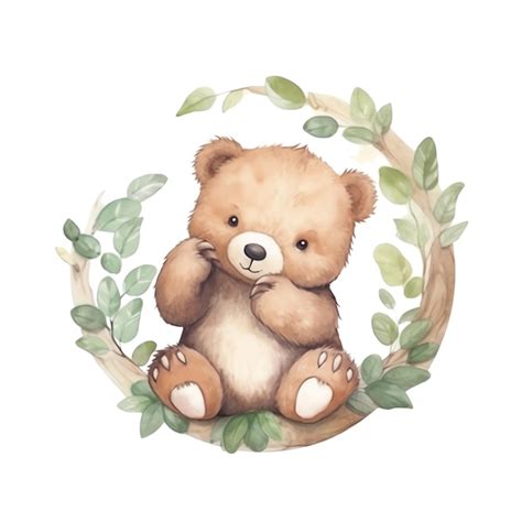 Ours Aquarelle Mignon Avec Feuilles Illustration Clipart Animaux Des