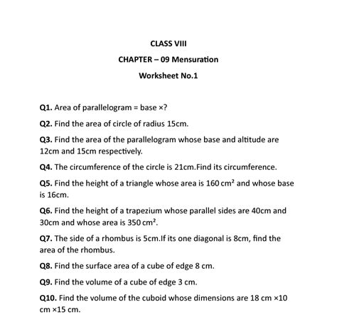 Mensuration Class 8 Extra Questions E Guru