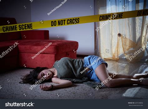 3 Hundred Crime Scene Lifeless Woman Lying On Floor Royalty Free