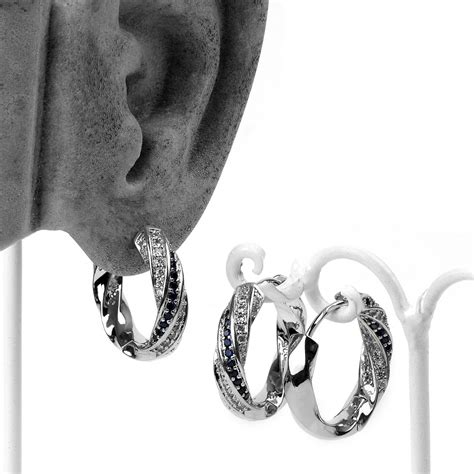 Sterling Silver Twisted Hoop Earrings With Synthetic Gems