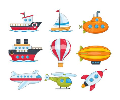 Different Water And Air Transport Vector Illustrations Set Object