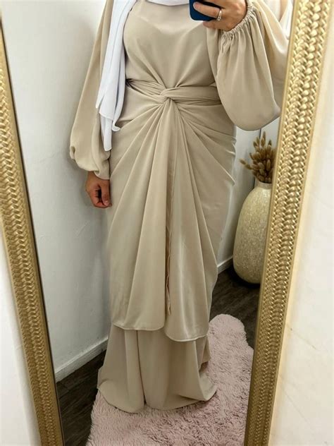 Ensemble abaya tablier en Soie de Médine Beige nude La Soie de Médine