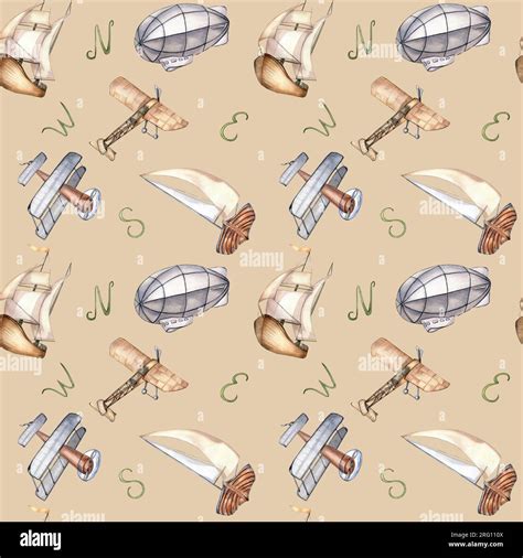 Sailing Ship Air Balloon Airplane Watercolor Seamless Pattern